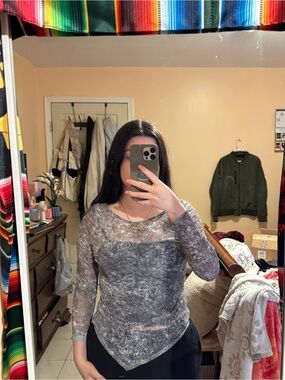 Grey Sheer Long-Sleeve Women's Top